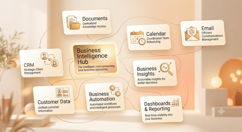 Business Intelligence Hub connecting CRM, documents, calendar, email, customer data, automation, insights, and dashboards